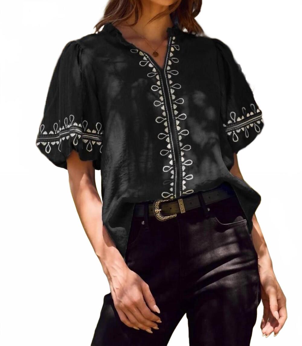 NEW ODDI embroidered short bubble sleeve blouse in black